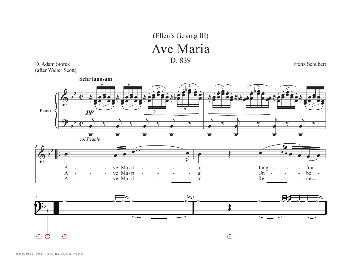 The exported rehearsal score. Actual generated output: original notation with the aligned bass guide below it.