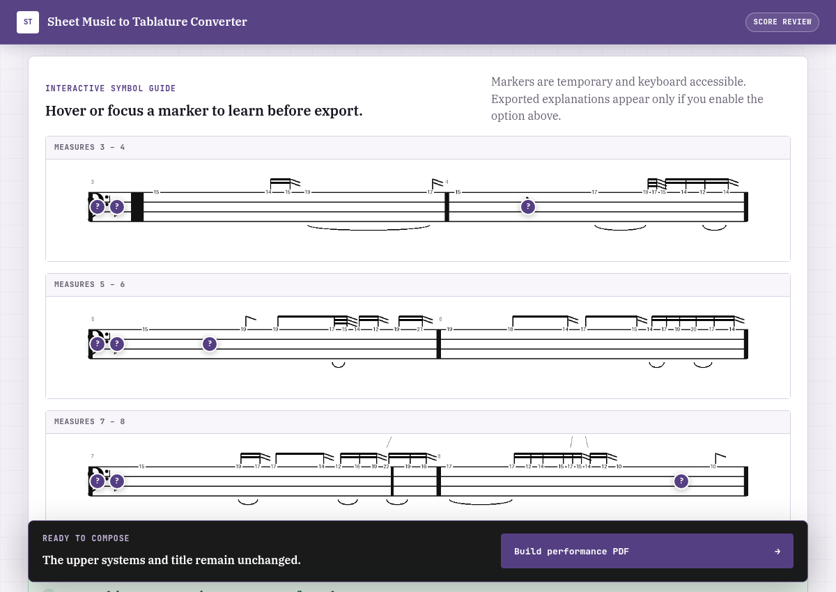 Actual music converter showing the score review and tablature preview