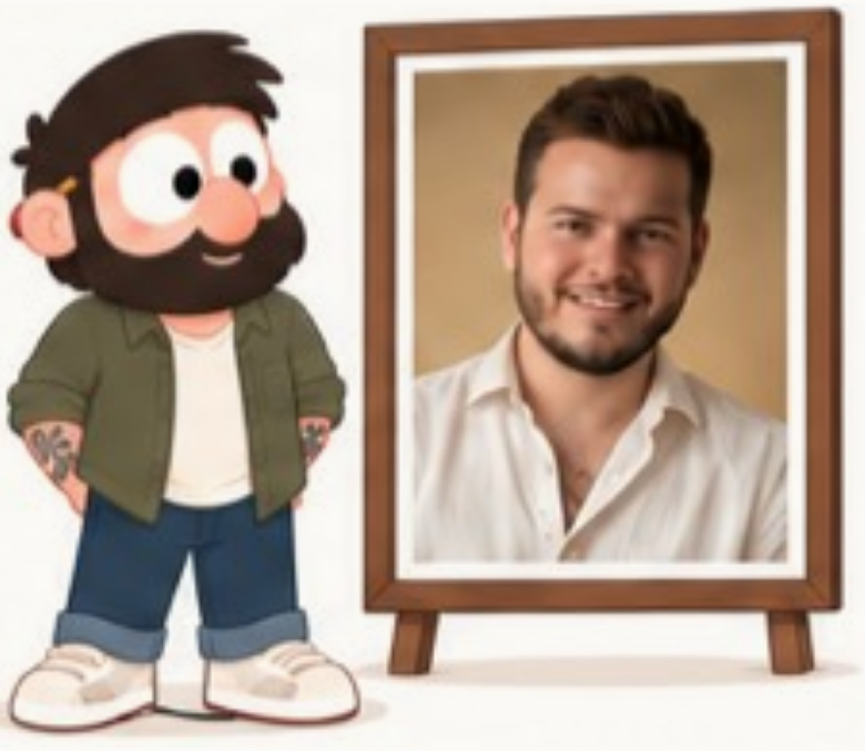 The Presenting illustration: cartoon Trent standing beside a framed real photograph of Trent.